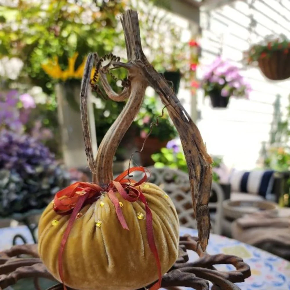 PUMPKIN WITH REAL STEM, VELVET FABRIC, SILK RIBBONS AND UNIQUE TRIM HANDMADE